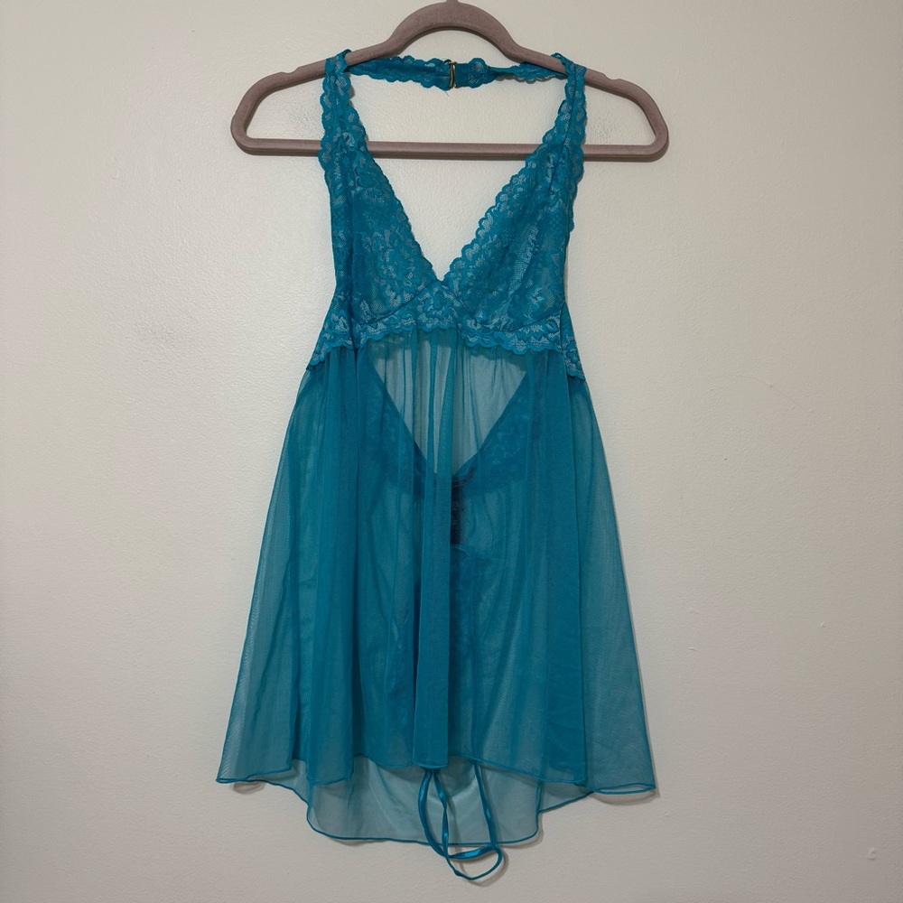 Victoria’s Secret Teal Sheer Lace Halter Babydoll Slip Set